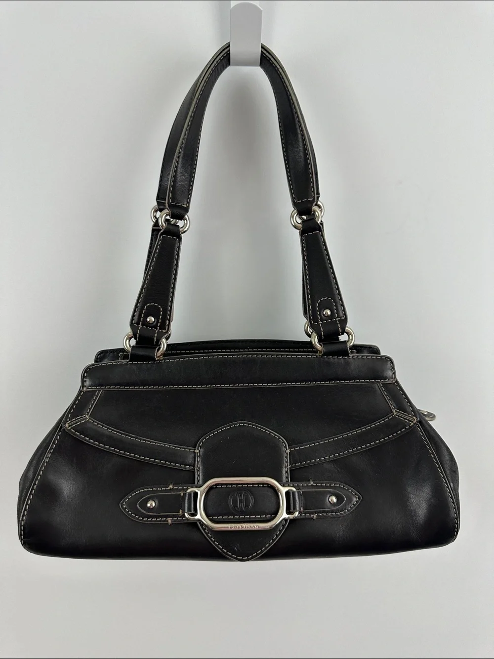 Cole Haan Trinity Black Leather Shoulder Bag Y2K Silver Buckle Hardware Purse - Picture 1 of 10